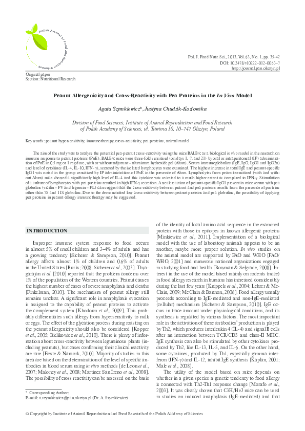 Peanut Allergenicity and CrossReactivity with Pea Proteins in the In