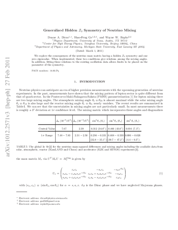 (PDF) Generalized hidden Z2 symmetry of neutrino mixing ShaoFeng Ge Academia.edu
