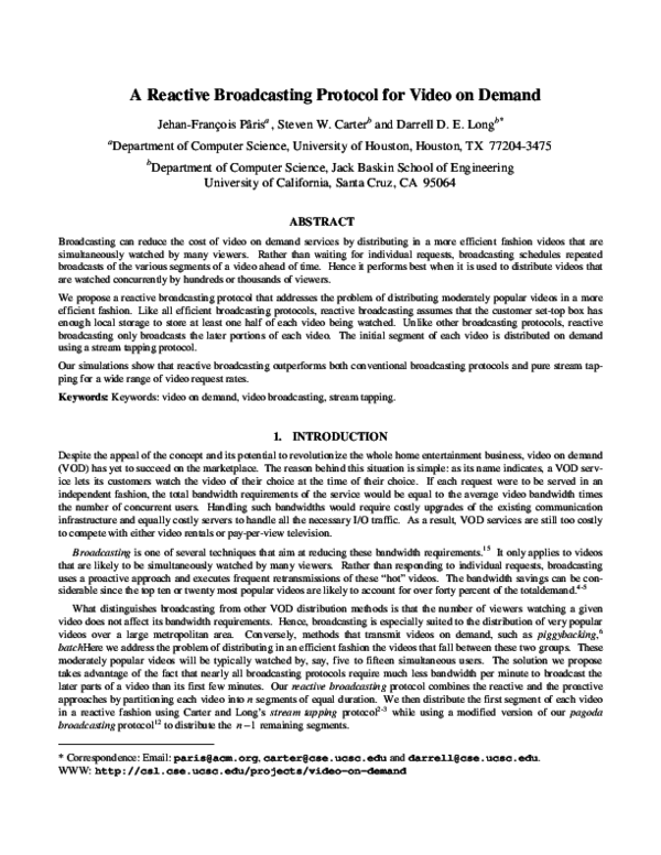 (PDF) A Reactive Broadcasting Protocol for Video on Demand Jehan