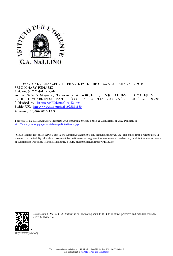 DIPLOMACY AND CHANCELLERY PRACTICES IN THE CHAGATAID KHANATE: SOME PRELIMINARY REMARKS