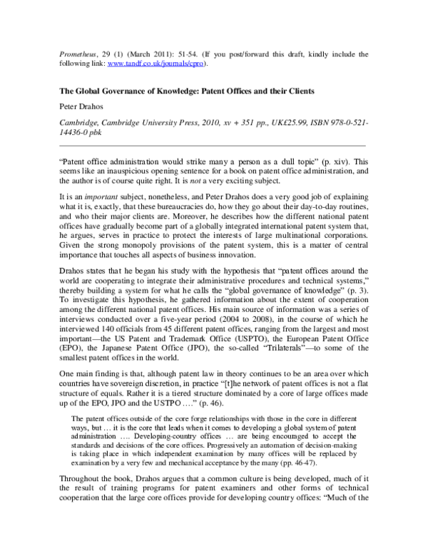 (PDF) The global governance of knowledge: patent offices and their clients