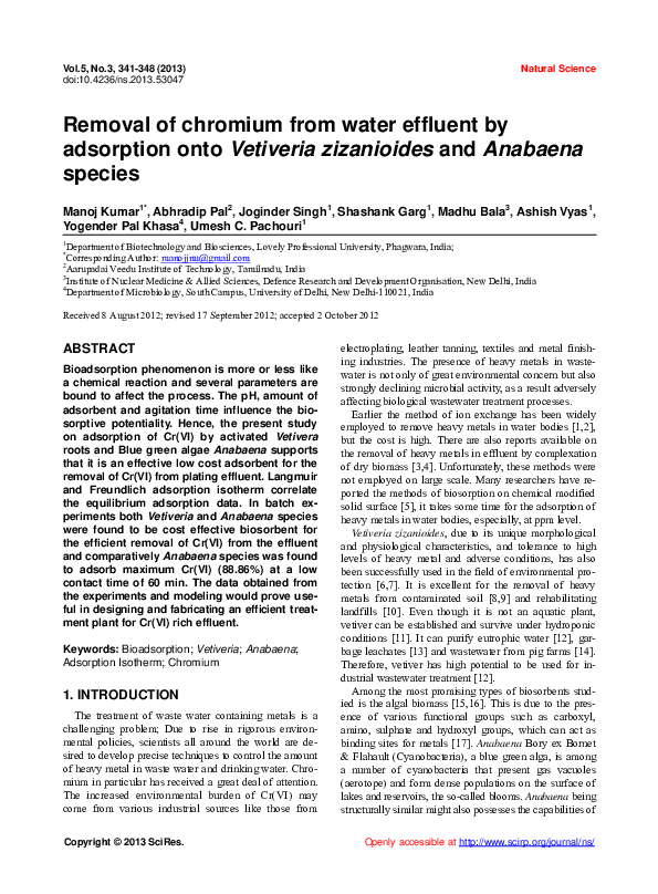 (PDF) Removal of chromium from water effluent by adsorption onto ...