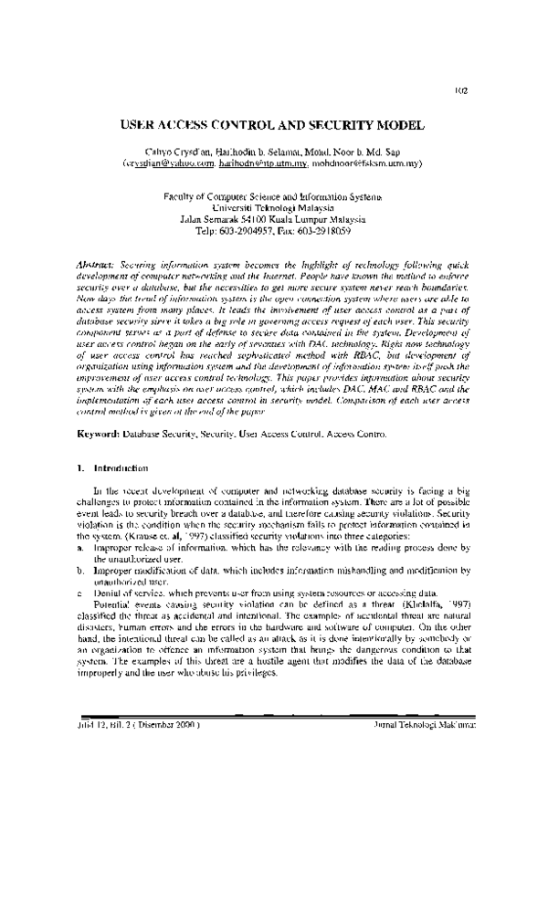 (PDF) USER ACCESS CONTROL AND SECURITY MODEL