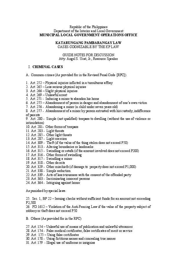 Republic of the Philippines Department of the Interior and Local