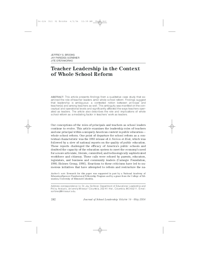 (PDF) Teacher leadership in the context of whole school reform