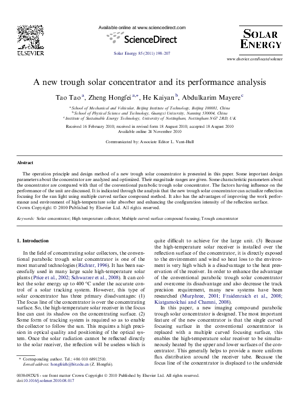 (PDF) A new trough solar concentrator and its performance analysis