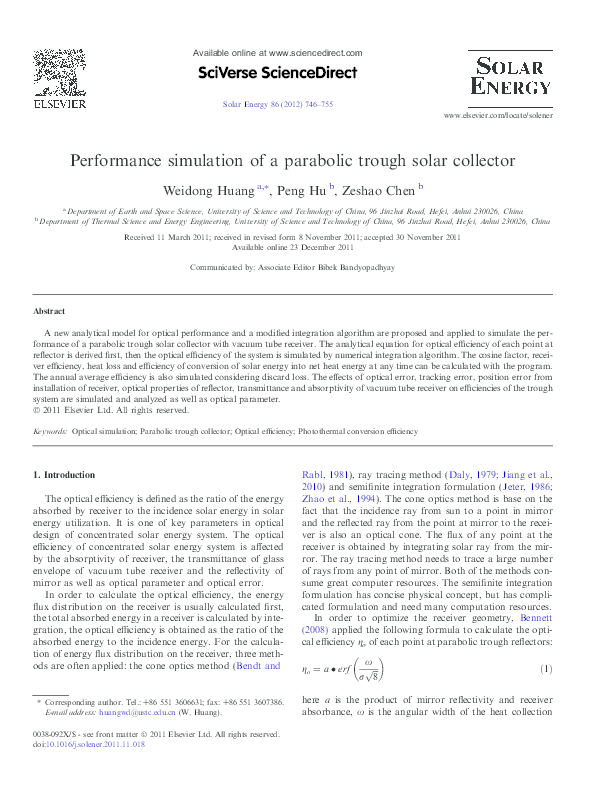 Performance Simulation of a Parabolic Trough Solar Collector