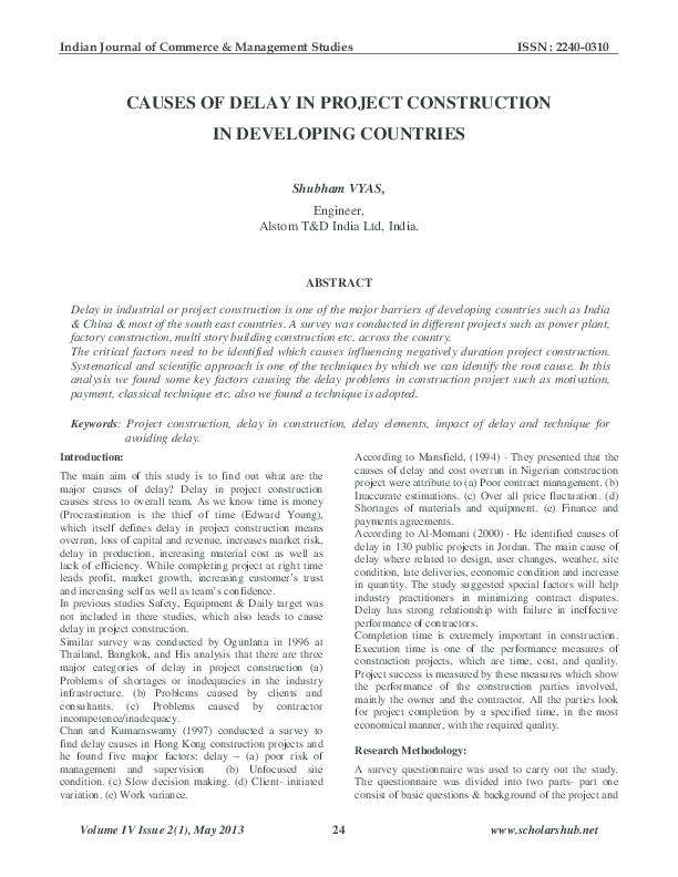 (PDF) Causes of delay in project construction in developing countries‏