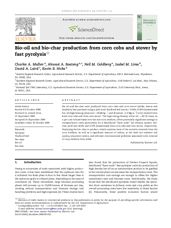 (PDF) Bio-oil and bio char production from corn cobs and stover by fast ...
