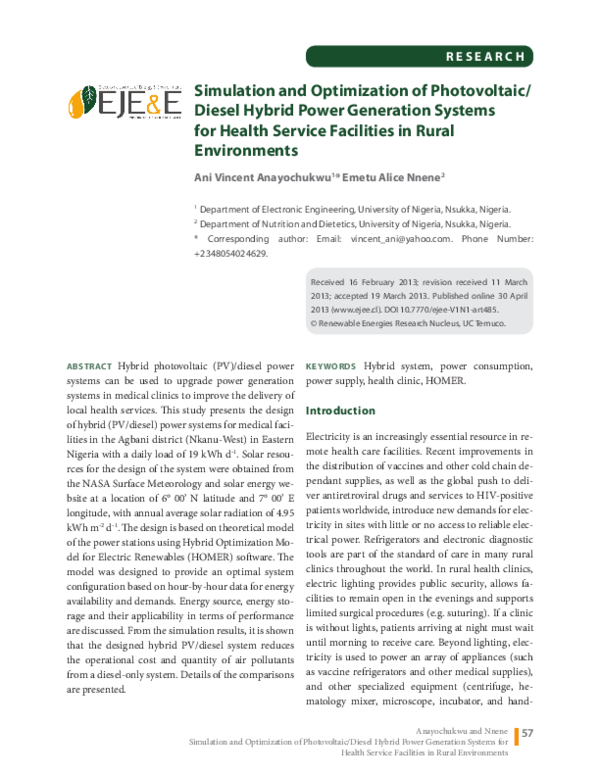 (PDF) Simulation and Optimization of Photovoltaic/Diesel Hybrid Power ...