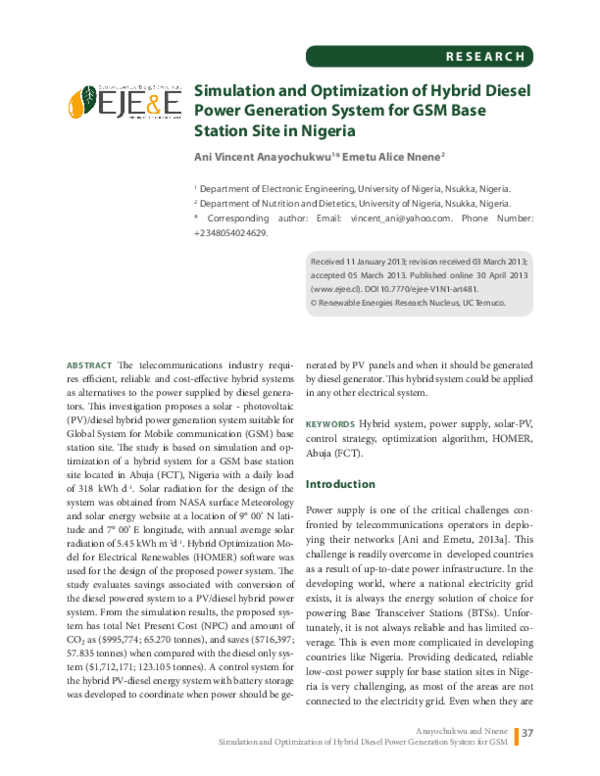 (PDF) Simulation and Optimization of Hybrid Diesel Power Generation ...