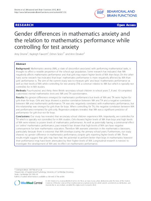 (PDF) Gender differences in mathematics anxiety and the relation to ...