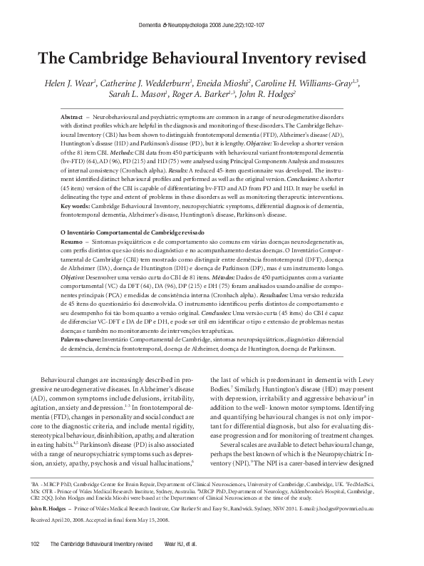 (PDF) The Cambridge Behavioural Inventory revised