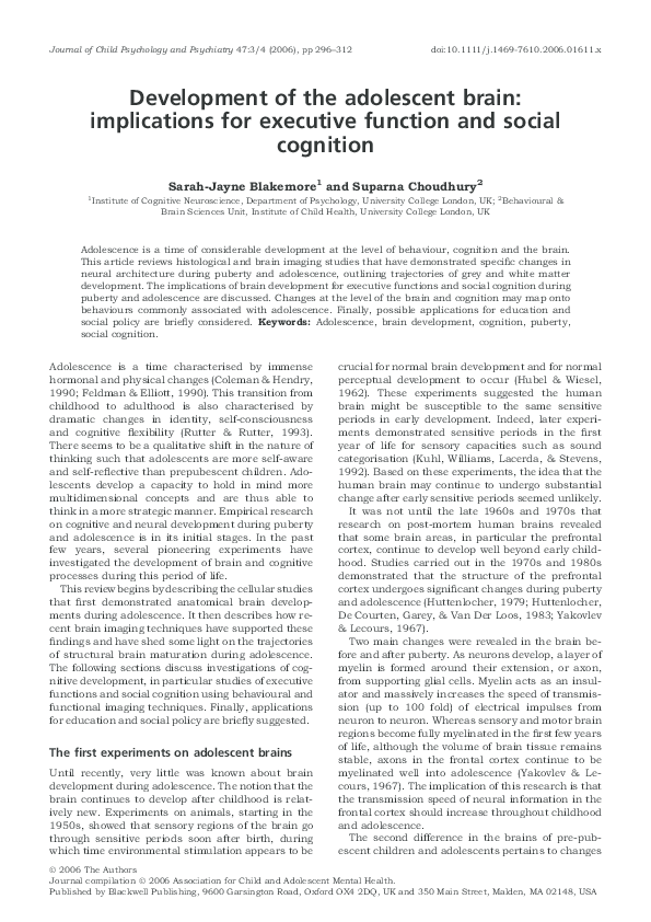 (PDF) Development of the adolescent brain: implications for executive ...