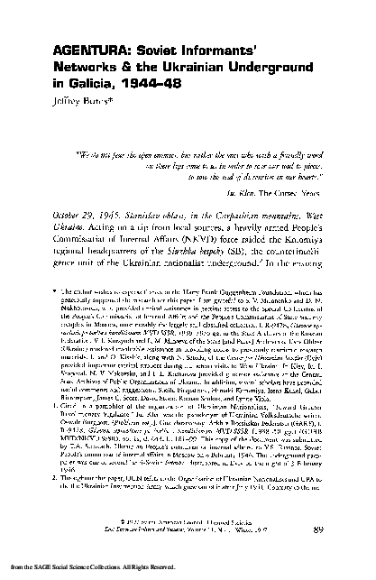 First page of “"Agentura: Soviet Informants' Networks & the Ukrainian Underground in Galicia, 1944-48," Eastern European Politics and Societies (January 1997).”
