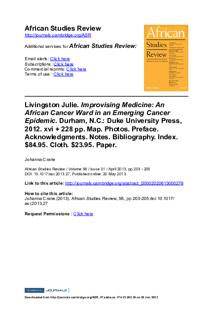 Pdf Book Review Of Improvising Medicine By Julie Livingston Johanna Crane Academia Edu