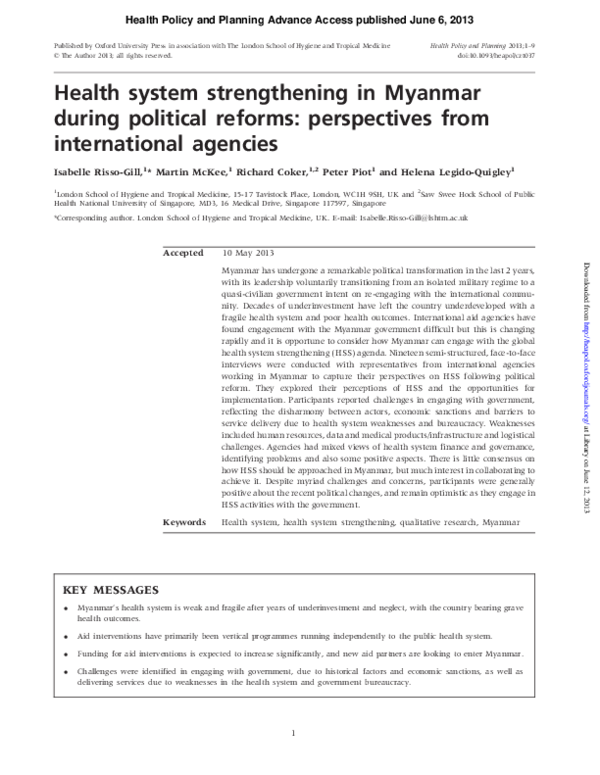 (PDF) Health system strengthening in Myanmar during political reforms ...