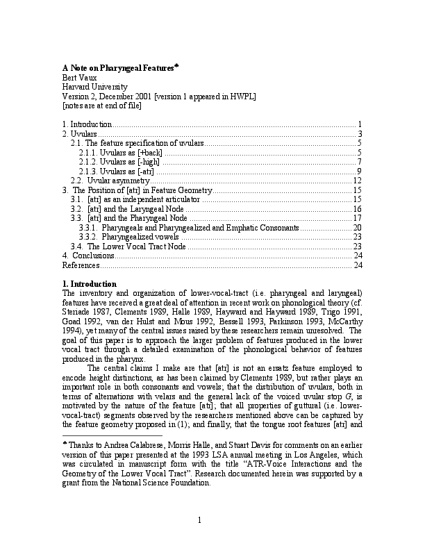 Pdf A Note On Pharyngeal Features Bert Vaux Academia Edu