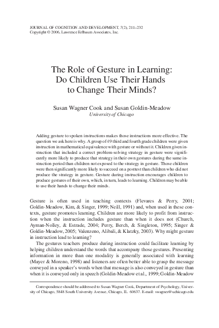 (PDF) The Role of Gesture in Learning: Do Children Use Their Hands to ...
