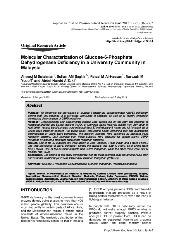 (PDF) Molecular Characterization of Glucose-6-Phosphate Dehydrogenase ...
