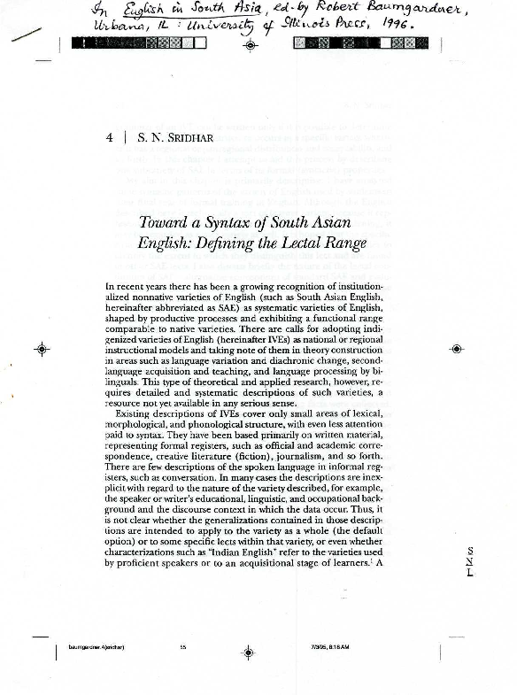 (PDF) Toward a Syntax of South Asian English: Defining the Lectal Range