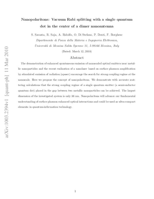 (PDF) Nanopolaritons: Vacuum Rabi splitting with a single quantum dot ...