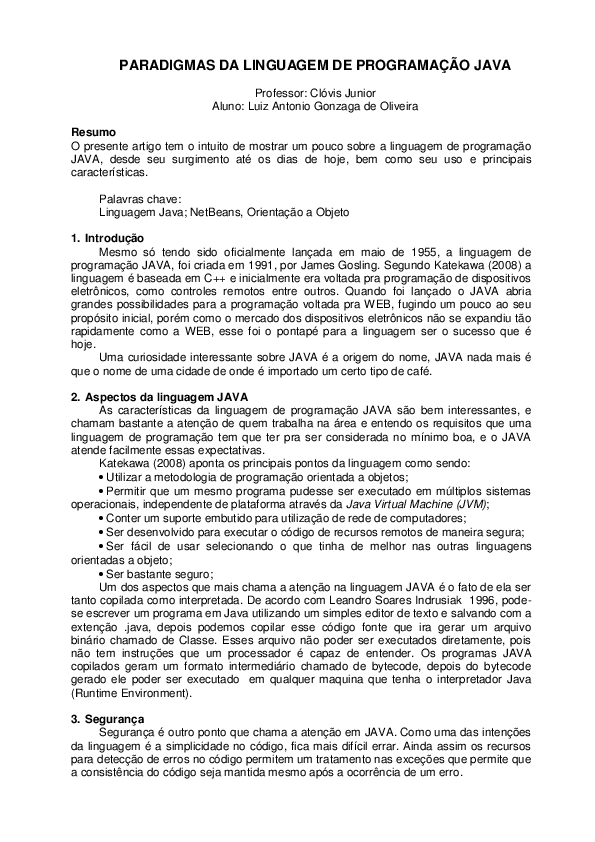 (DOC) PARADIGMAS DA LINGUAGEM DE PROGRAMAÇÃO JAVA Professor: Clóvis Junior