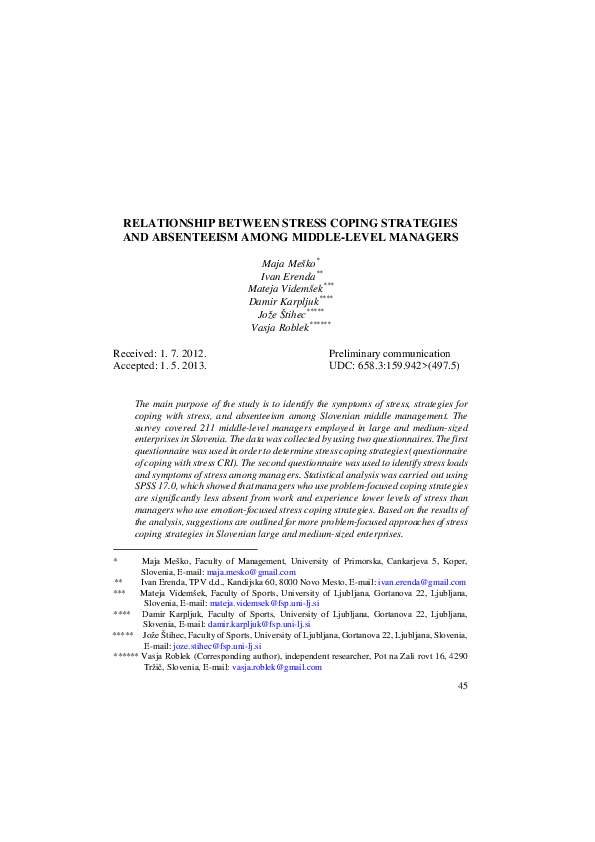 (PDF) RELATIONSHIP BETWEEN STRESS COPING STRATEGIES AND ABSENTEEISM ...