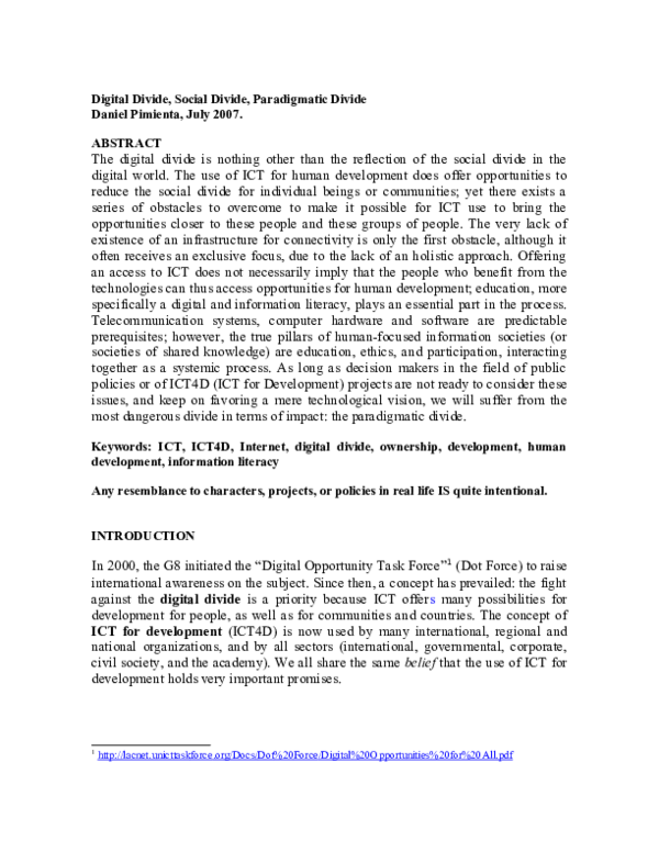 (DOC) Digital Divide, Social Divide, Paradigmatic Divide Daniel