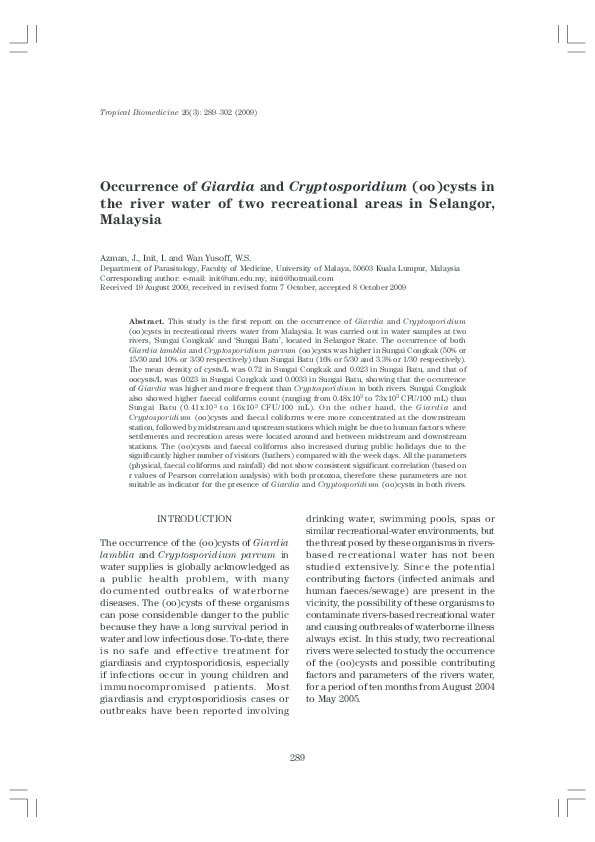 (PDF) Occurrence of Giardia and Cryptosporidium (oo)cysts in the river ...