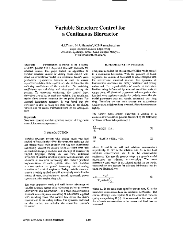 (PDF) Variable structure control for a continuous bioreactor