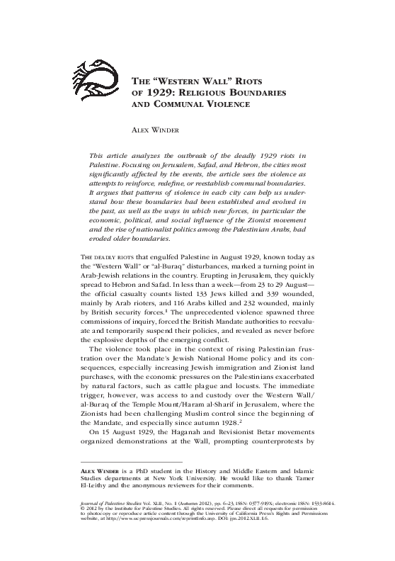 (PDF) The "Western Wall" Riots of 1929 Religious Boundaries and