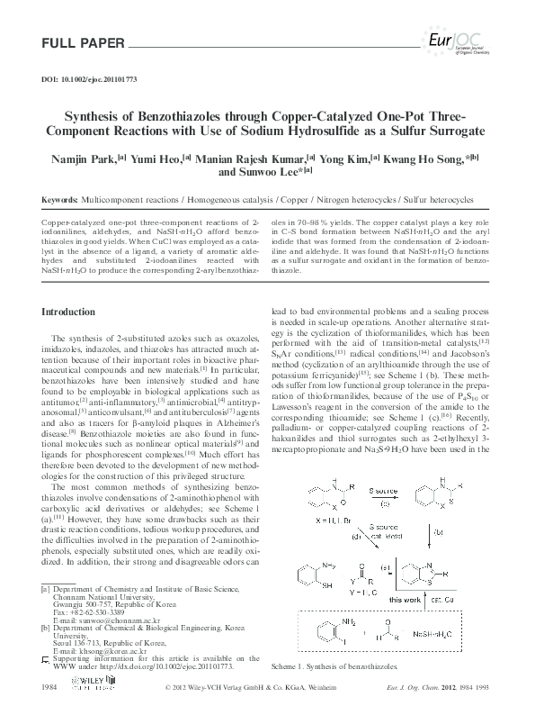(PDF) Synthesis of Benzothiazoles by Copper-Catalyzed One-Pot Three ...