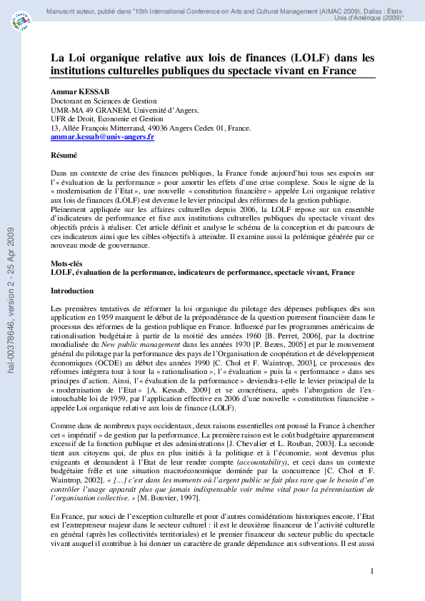 (PDF) La Loi organique relative aux lois de finances (LOLF) dans les ...