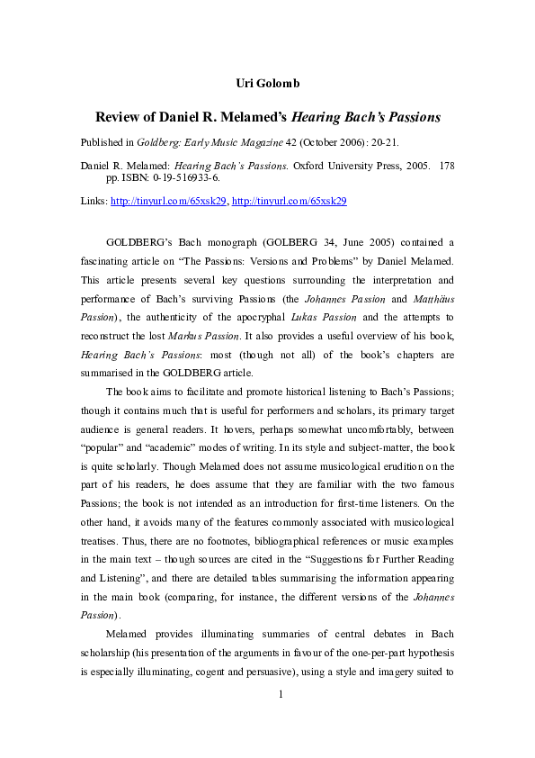 Pdf Review Of Daniel R Melamed S Hearing Bach S Passions Uri Golomb Academia Edu