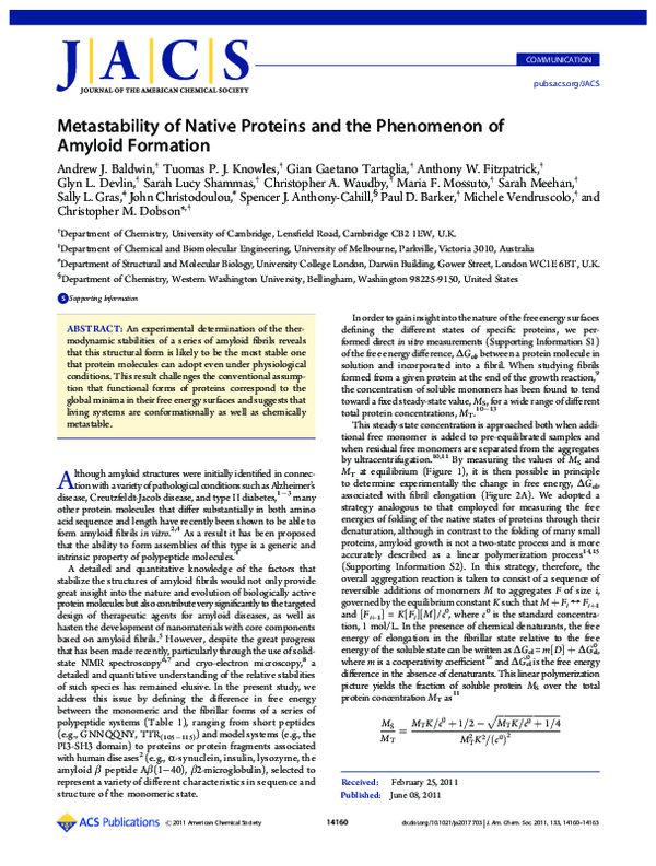 (PDF) Metastability of Native Proteins and the Phenomenon of Amyloid ...