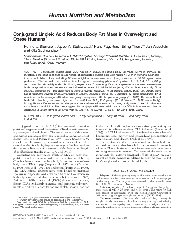(PDF) Conjugated Linoleic Acid Reduces Body Fat Mass in Overweight and