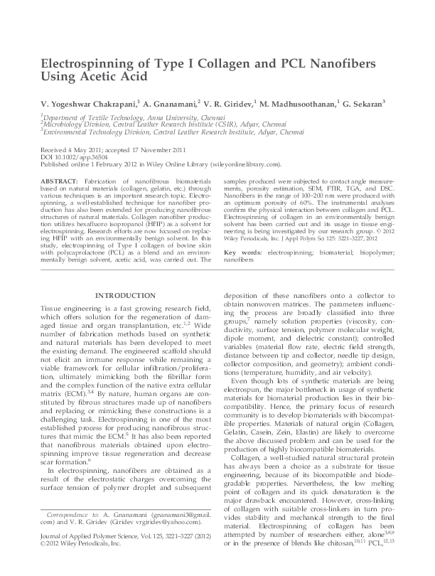 (PDF) Electrospinning of Type I Collagen and PCL Nanofibers Using