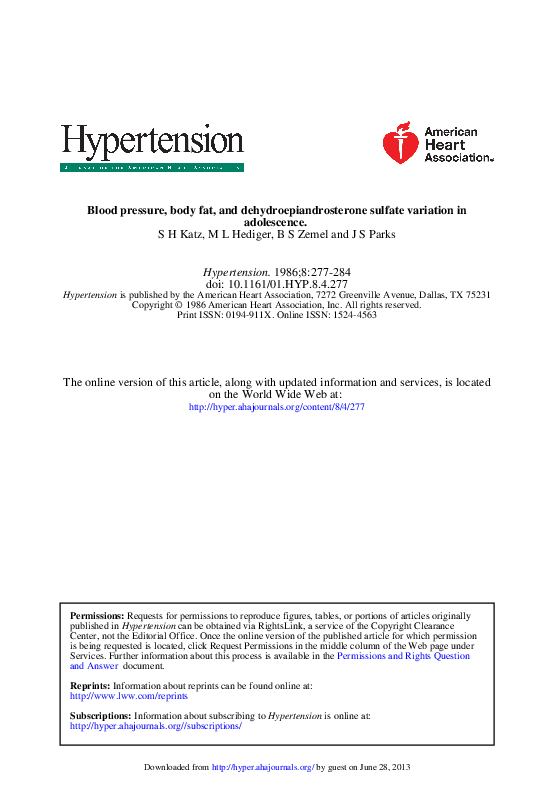 (PDF) Blood Pressure, Body Fat, and Dehydroepiandrosterone Sulfate Variation in Adolescence