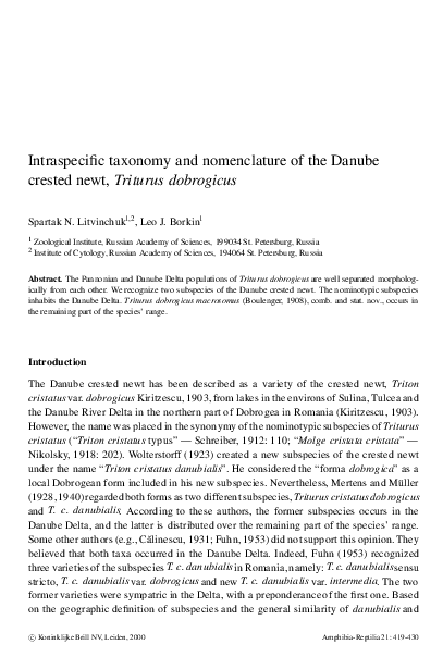 (PDF) Intraspeci c taxonomy and nomenclature of the Danube crested newt