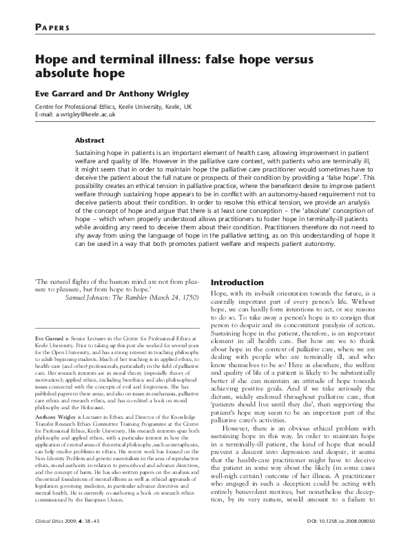 (PDF) Hope and Terminal Illness, Clinical Ethics (2009) with E Garrard