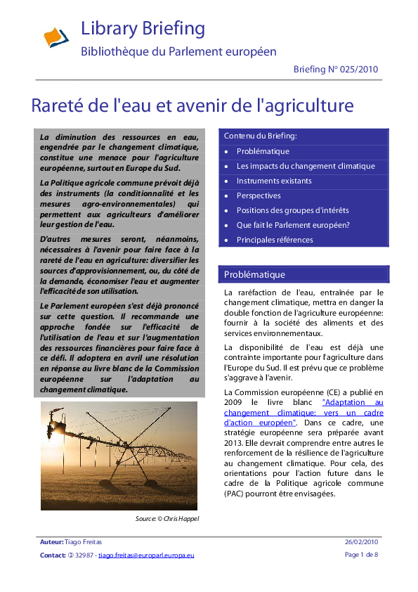 (PDF) Rareté de l'eau et avenir de l'agriculture Européenne