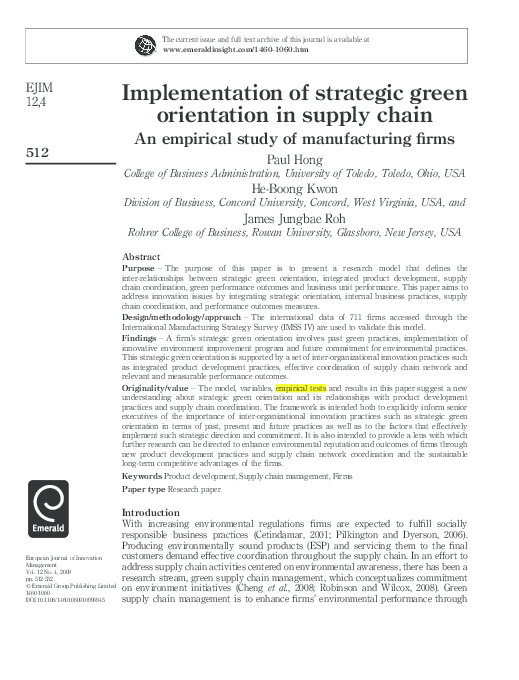 (PDF) Implementation of strategic green orientation in supply chain An ...