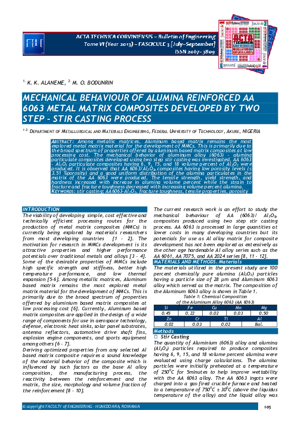 (PDF) MECHANICAL BEHAVIOUR OF ALUMINA REINFORCED AA 6063 METAL MATRIX ...