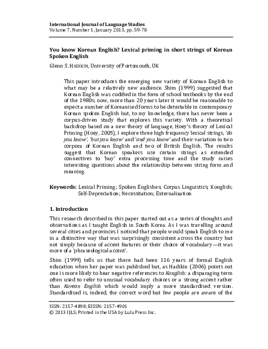 (PDF) Do you know Korean English? Lexical Priming in Short Strings of