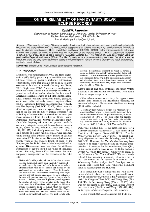 Pdf On The Reliability Of Han Dynasty Solar Eclipse Records David Pankenier Academia Edu