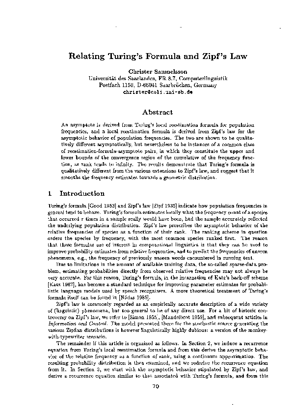 (PDF) Relating Turing's Formula and Zipf's Law