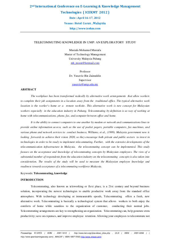 (PDF) TELECOMMUTING KNOWLEDGE IN UMP: AN EXPLORATORY STUDY