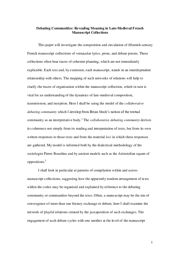 'Debating Communities: Revealing Meaning in Late-Medieval French Manuscript Collections'