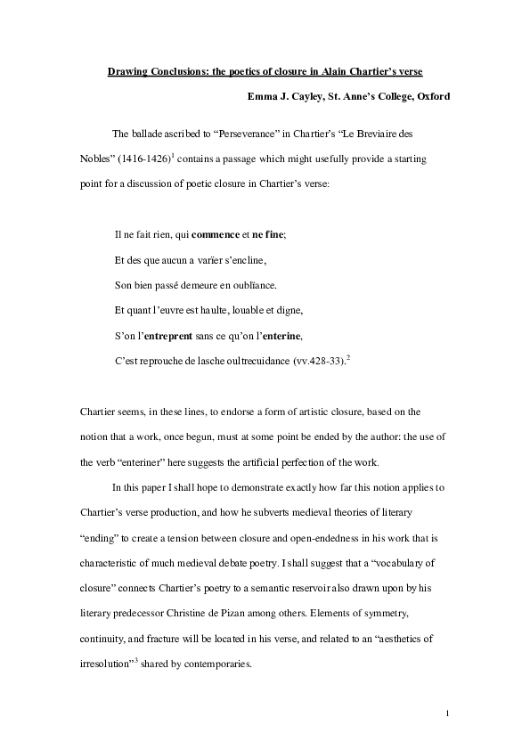 (PDF) 'Drawing Conclusions The Poetics of Closure in Alain Chartier's Verse' Emma Cayley